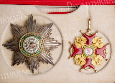 Комплект знаков ордена Св. Станислава 2 - й ст (Крест, Звезда, лента, коробка, грамота) на Полковника Фридриха фон Штоля.